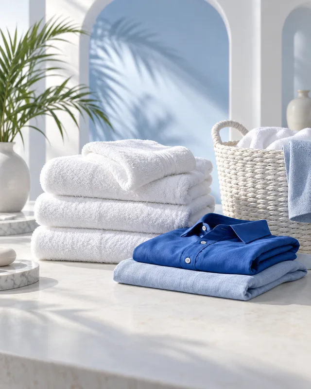 Fresh white towels and folded blue garments beside a laundry basket